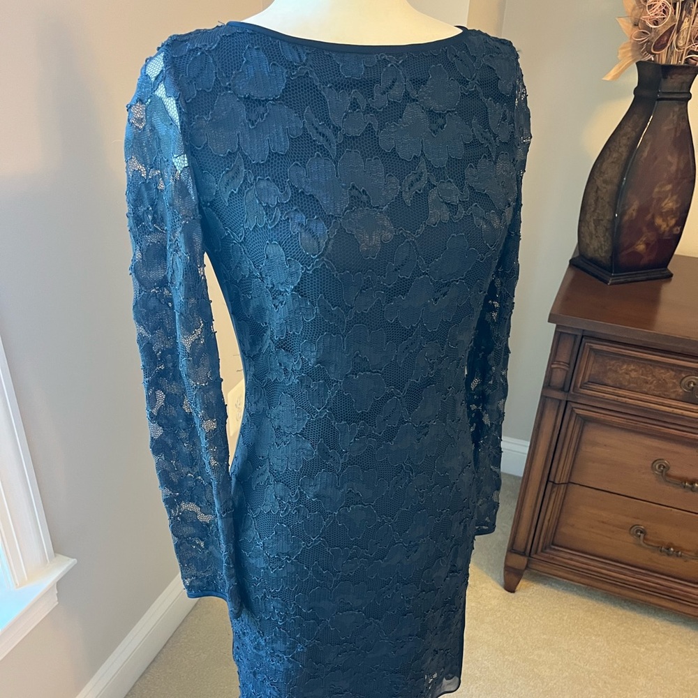 DVF navy lace sheath dress